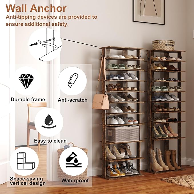 HOMEFORT 10-Tier Vertical Shoe Rack, Corner Shoe Tower, Double Rows 10 Tiers - Image 4