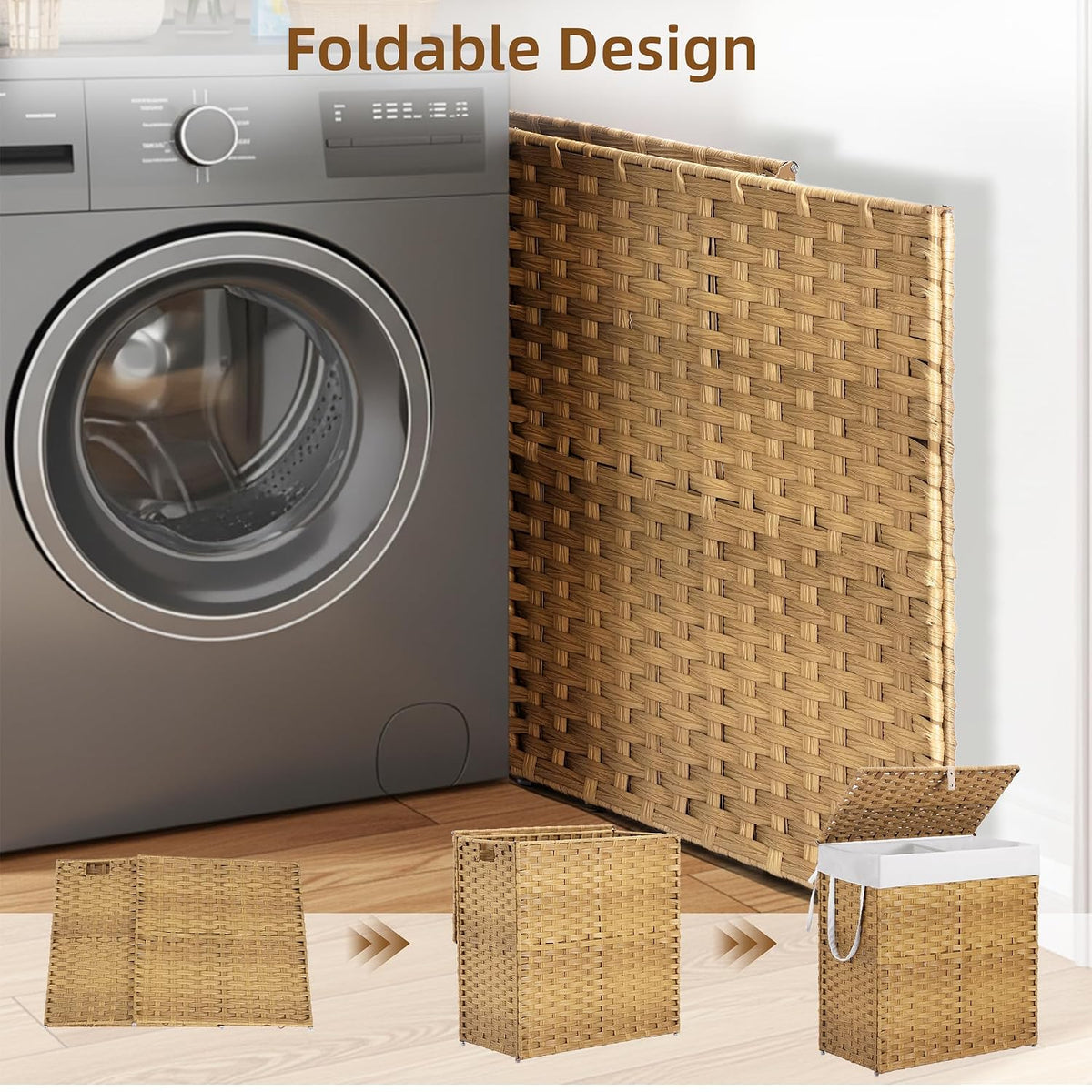 Woven Laundry Hamper with Lid, Large Rattan Clothes Hamper with