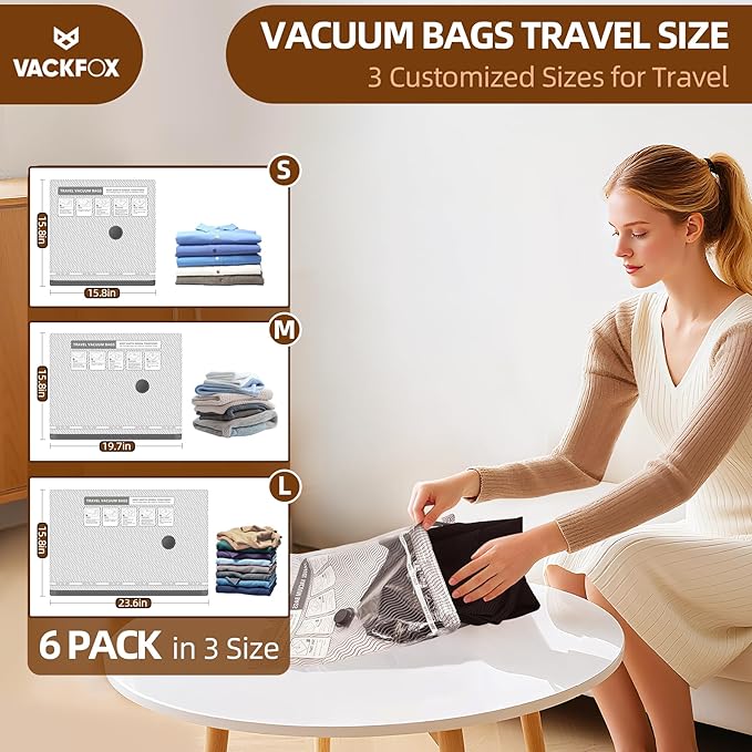 Travel Vacuum Storage Bags, 6 Pack Carry-On Size Compression Packing Bags - Image 2