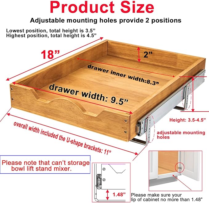 DINDON Pull Out Cabinet Organizer 1 Tier，Single Tier Oak Wood Under Cabinet - Image 2