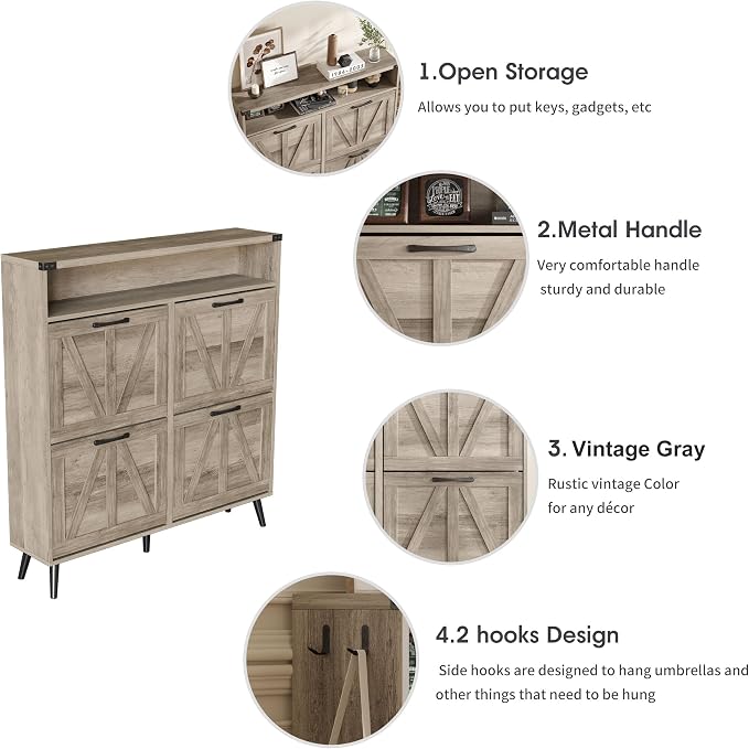 Shoe Cabinet with 4 Flip Drawers, Farmhouse Shoe Storage Cabinet - Image 3