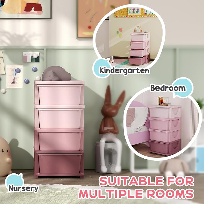 Qaba 4 Tier Kids Storage Unit, 4 Drawer Chest Toy Organizer Plastic Bins - Image 5