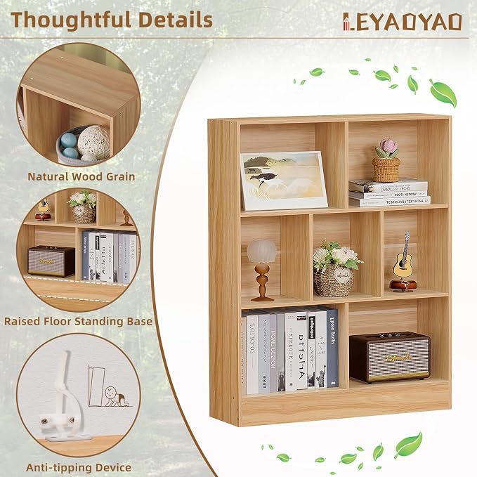 LEYAOYAO 7 Cube Bookshelf with Base, 3 Tier Mid-Century Modern Natural Bookcase - Image 7