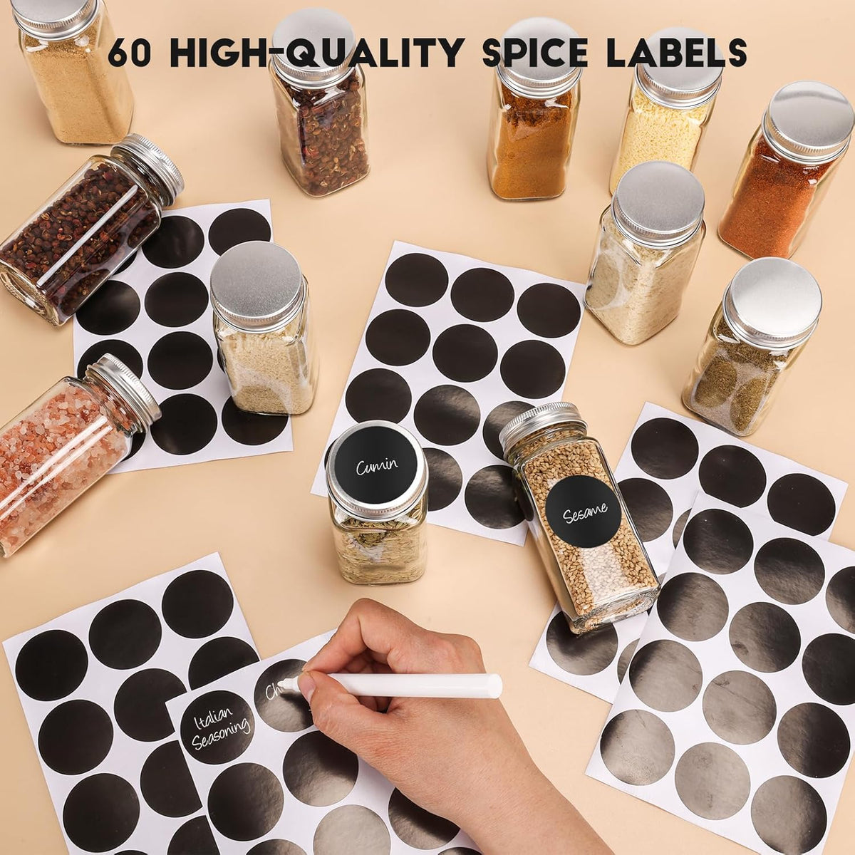 24Pcs Spice Jars with Label, 4oz Empty Square Seasoning Containers