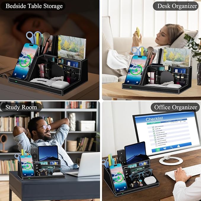 TopMade Wireless Charger Desk Nightstand Organizer, Leather Pen Holder Office - Image 5