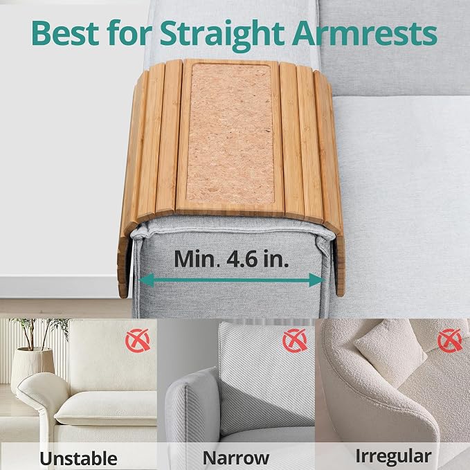 DETOR Sofa Arm Tray with Grained Cork Pad, Natural Bamboo Finish, Enhanced - Image 5