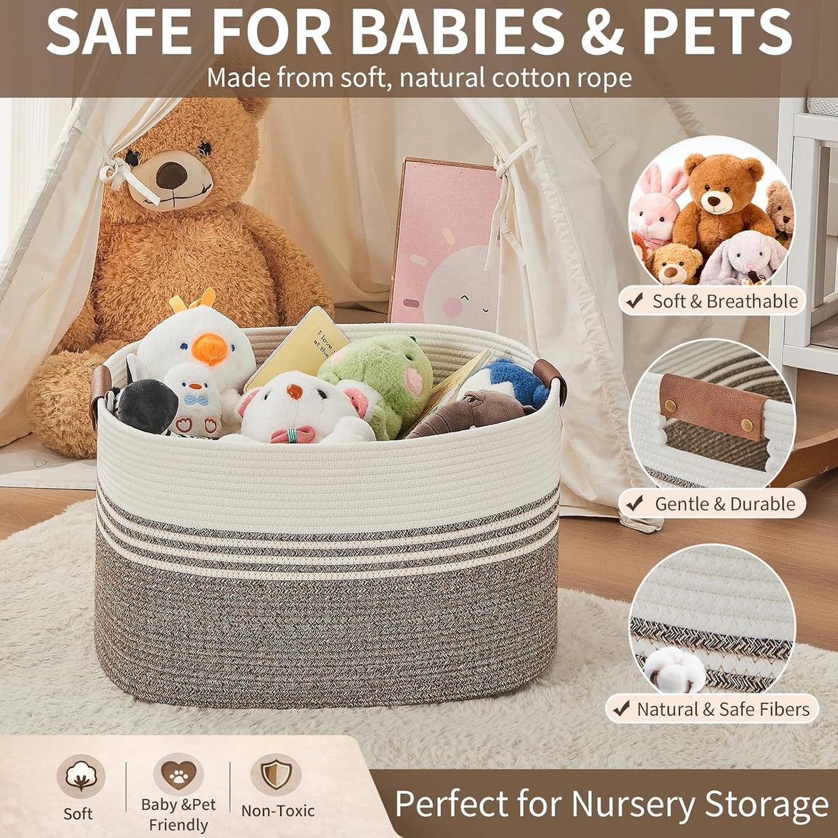 Laundry Hamper with Handles, 72L Rope Laundry Basket, Rice Brown &