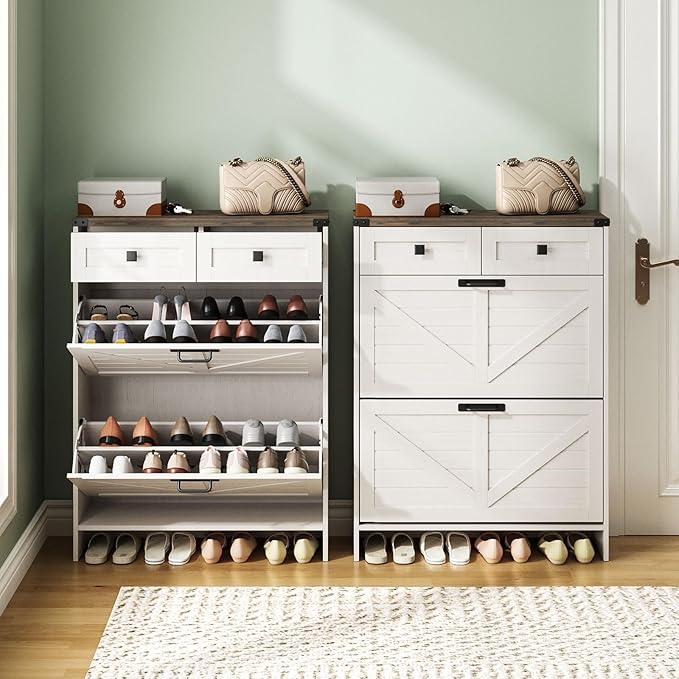 Shoe Cabinet with 2 Flip Drawers & 2 Drawers, Farmhouse Shoe Storage Cabinet - Image 5
