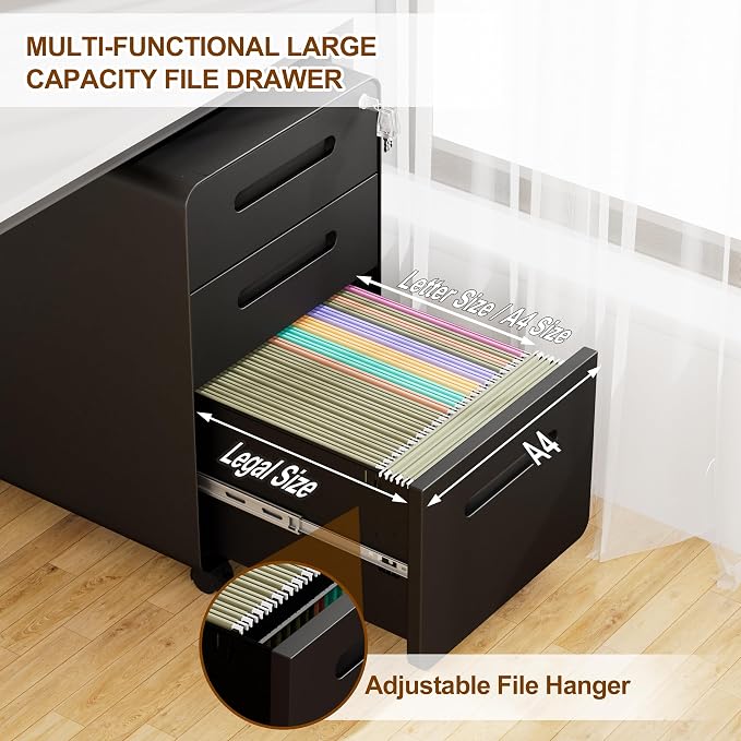 3 Drawer File Cabinet with Lock and 4 Keys, Mobile Metal Filing Cabinet - Image 7
