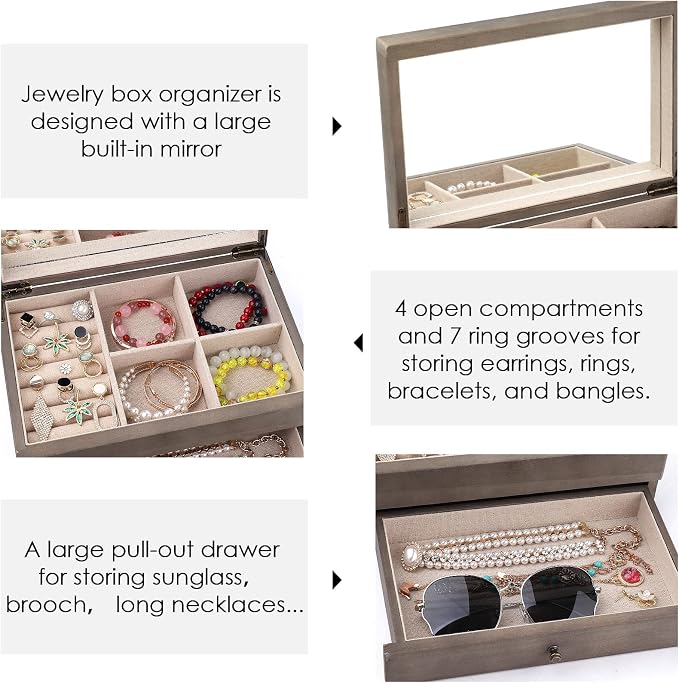 Meangood Jewelry Box Organizer for Women, 2 Layer Large Jewelry Storage Case - Image 3