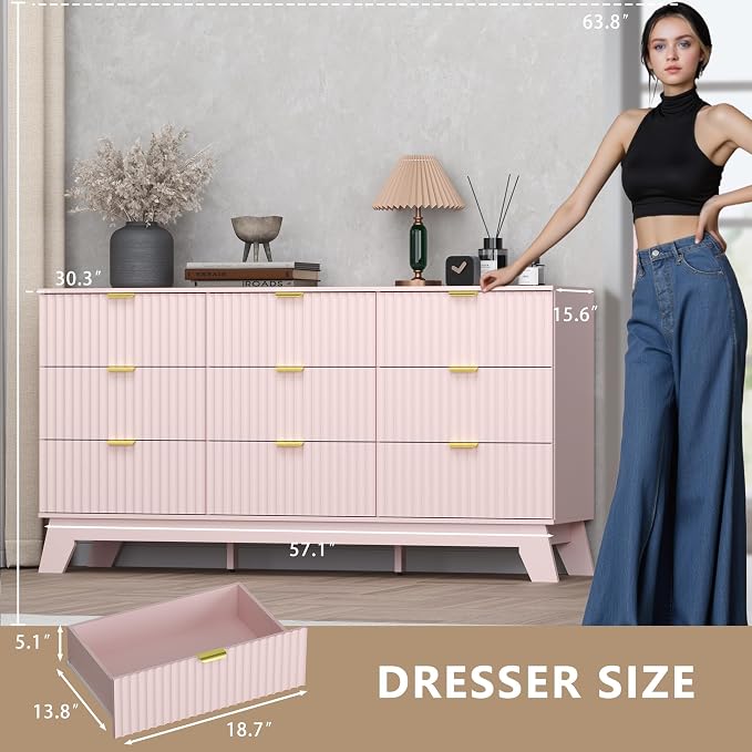 Fluted 9 Drawer Dresser, 57.1" Wide Modern Boho Chest of Drawers, Wooden - Image 3