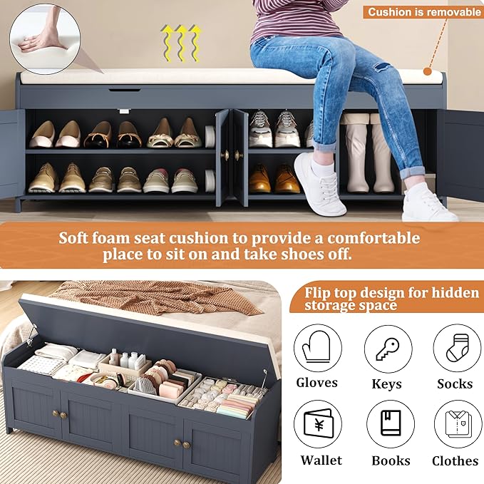 HOMEFORT 54.4" Shoe Bench with Lift Top Storage, Entryway Bench with Cushioned - Image 4