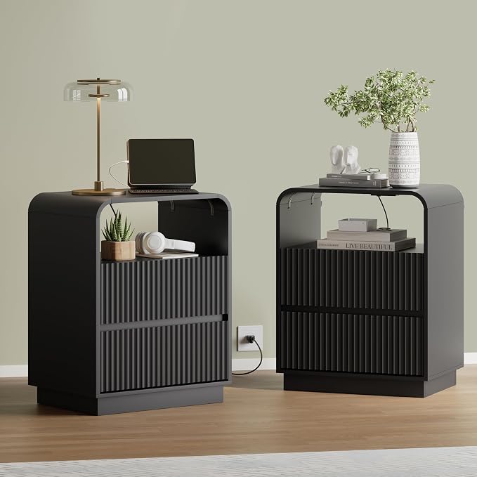 Black Nightstand with Charging Station, Mid Century Modern Bedside Table & End - Image 3