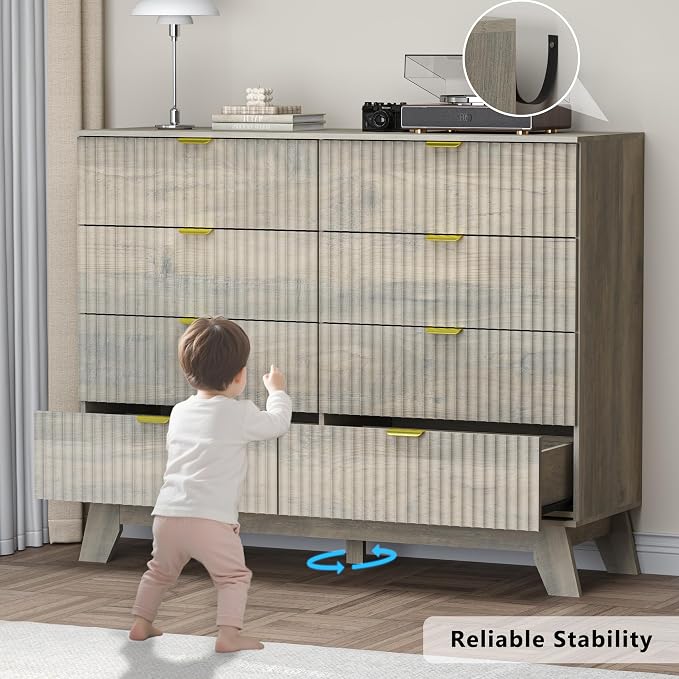 Fluted 8 Drawer Tall Dresser, 47.2" Wide Modern Boho Chest of Drawers, Wooden - Image 6