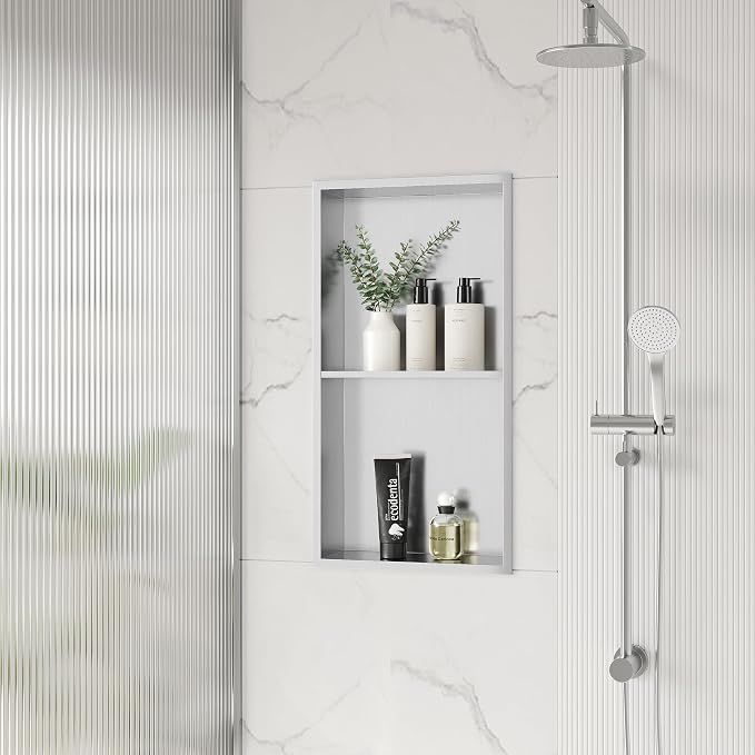 Stainless Steel Shower Niche 24" X 12", No Tile Needed Wall Niche Double Shelves - Image 2