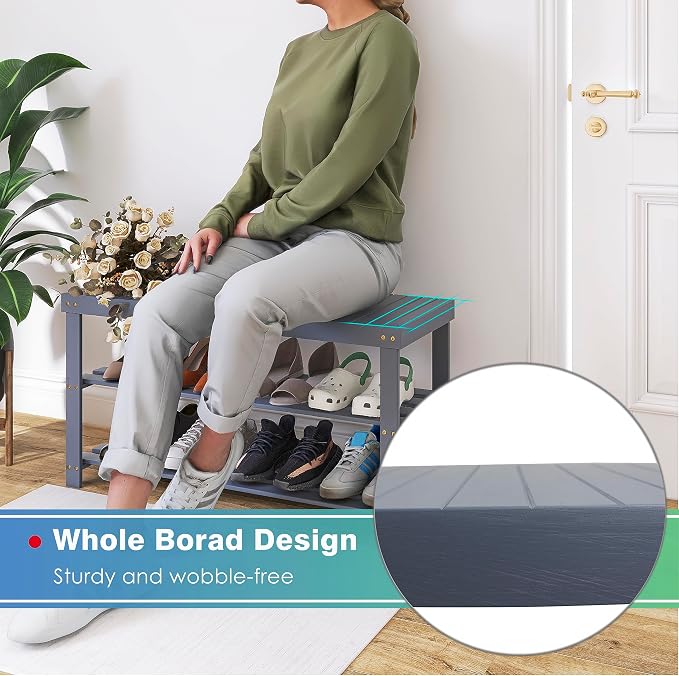 SMIBUY Bamboo Shoe Rack Bench, 3-Tier Shoe Organizer Storage Shelf - Image 7