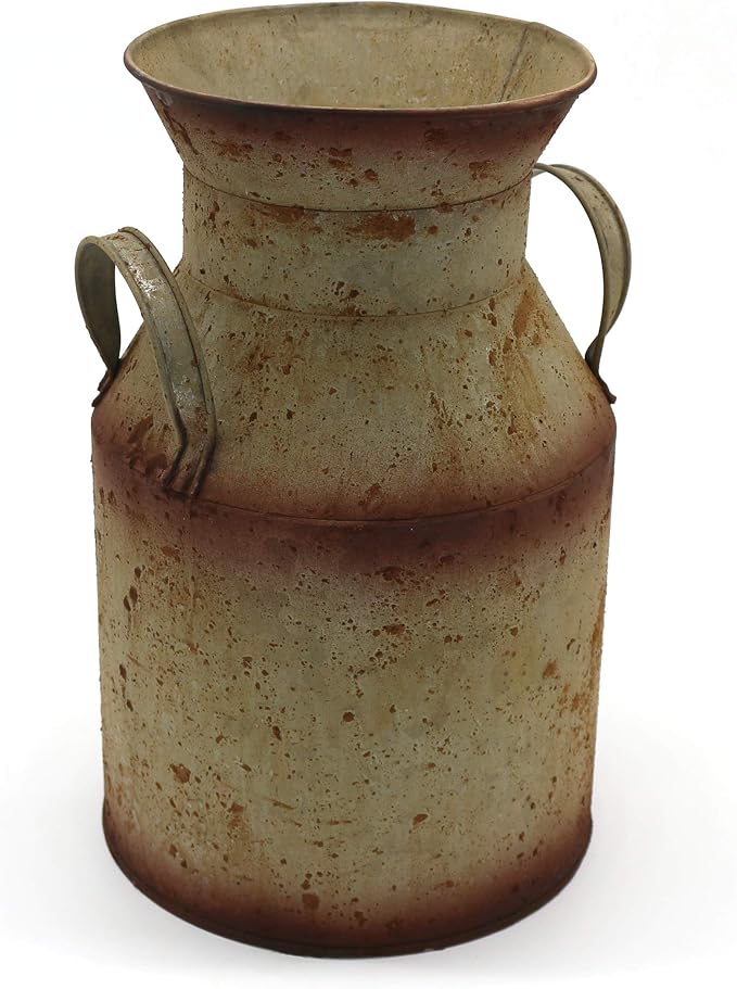 CVHOMEDECO. Farmhouse Galvanized Metal Milk Can, Old Rustic Primitives Jug Vase - Image 4