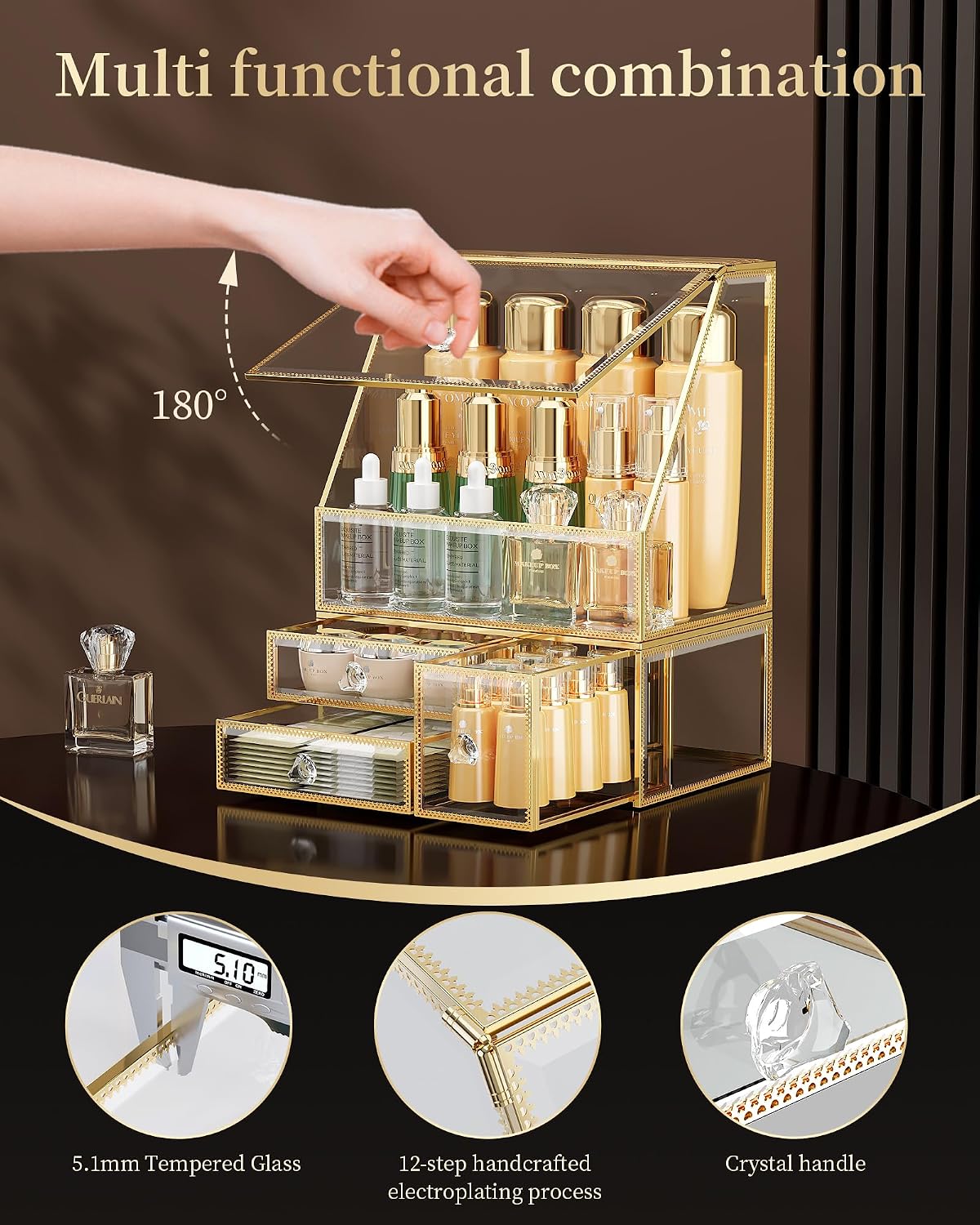 Glass Makeup Organizer with Lid and Drawer for Vanity, Clear