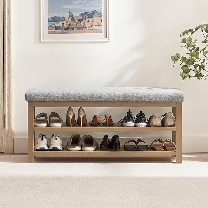 Shoe Rack Bench with Cushion, 2 Tier Solid Wood Storage Bench, Mid-Century by Zihanhome