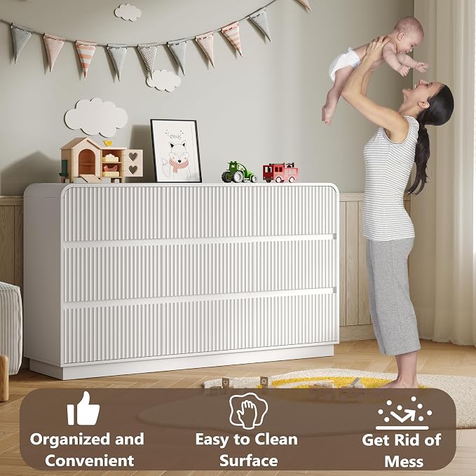Dresser for Bedroom with 9 Drawers, Fluted Chest of Drawers with Round Curved - Image 5