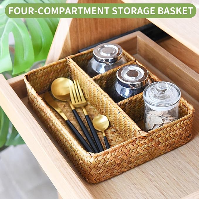 Wicker Baskets 4-Section Tea Bag/Sugar Packet Holder, Seagrass Woven - Image 4