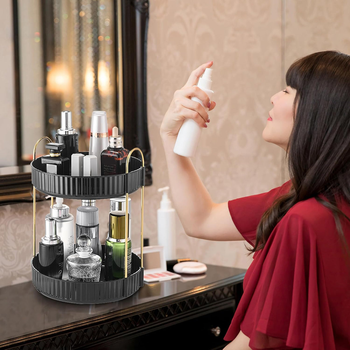 Aveniee Rotating Makeup Organizer, 2-Tier Black Vanity Storage