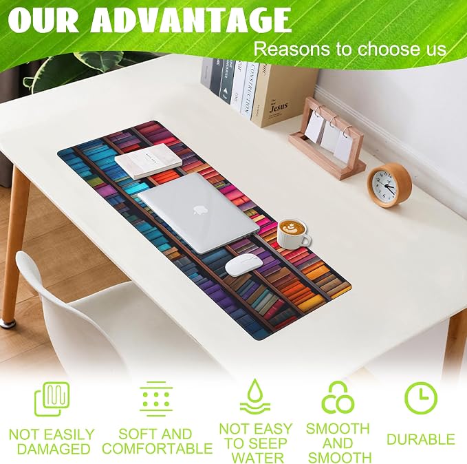 Large Gaming Mouse Pad for Desk, Bookshelves Full of Books Desk Mat, Colorful - Image 4
