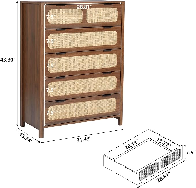 LEVNARY 5 Drawer Chest Dresser, Rattan Tall Dresser 5 Chest of Drawers Dressers - Image 2