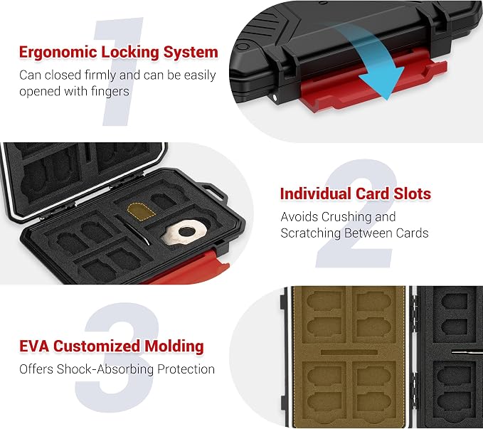 Memory Card Case with 18 Slots, IP67 Waterproof Anti-Shock Travel Camera Memory - Image 3