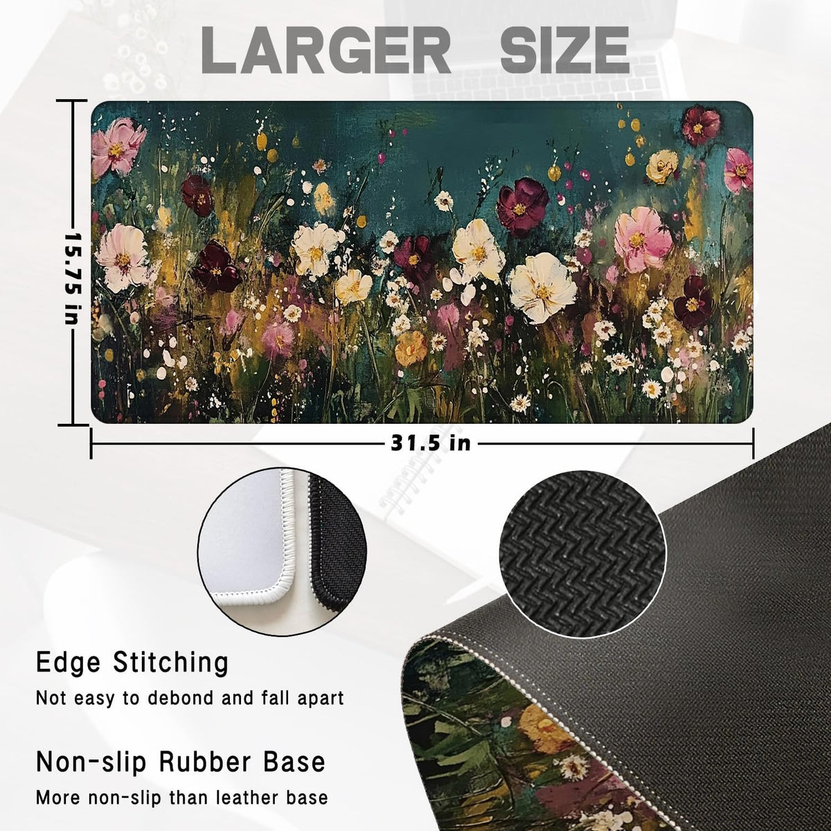 Vintage Wildflower Large Mouse Pad 31.5x15.7inch, Retro Floral Large