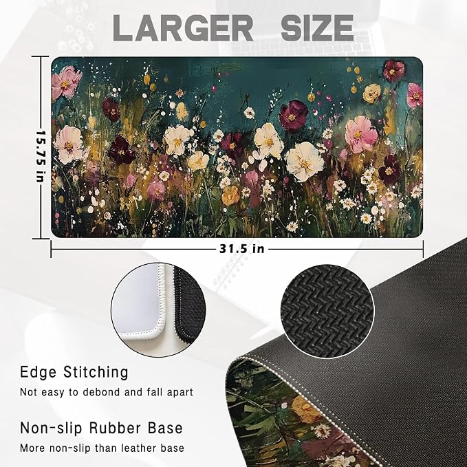 Vintage Wildflower Large Mouse Pad 31.5x15.7inch, Retro Floral Large Extended - Image 2
