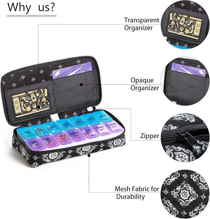 Weekly 7 Day Pill Organizer Case 2 Times a Day, Large Portable Pill Box 7 Day - Image 2
