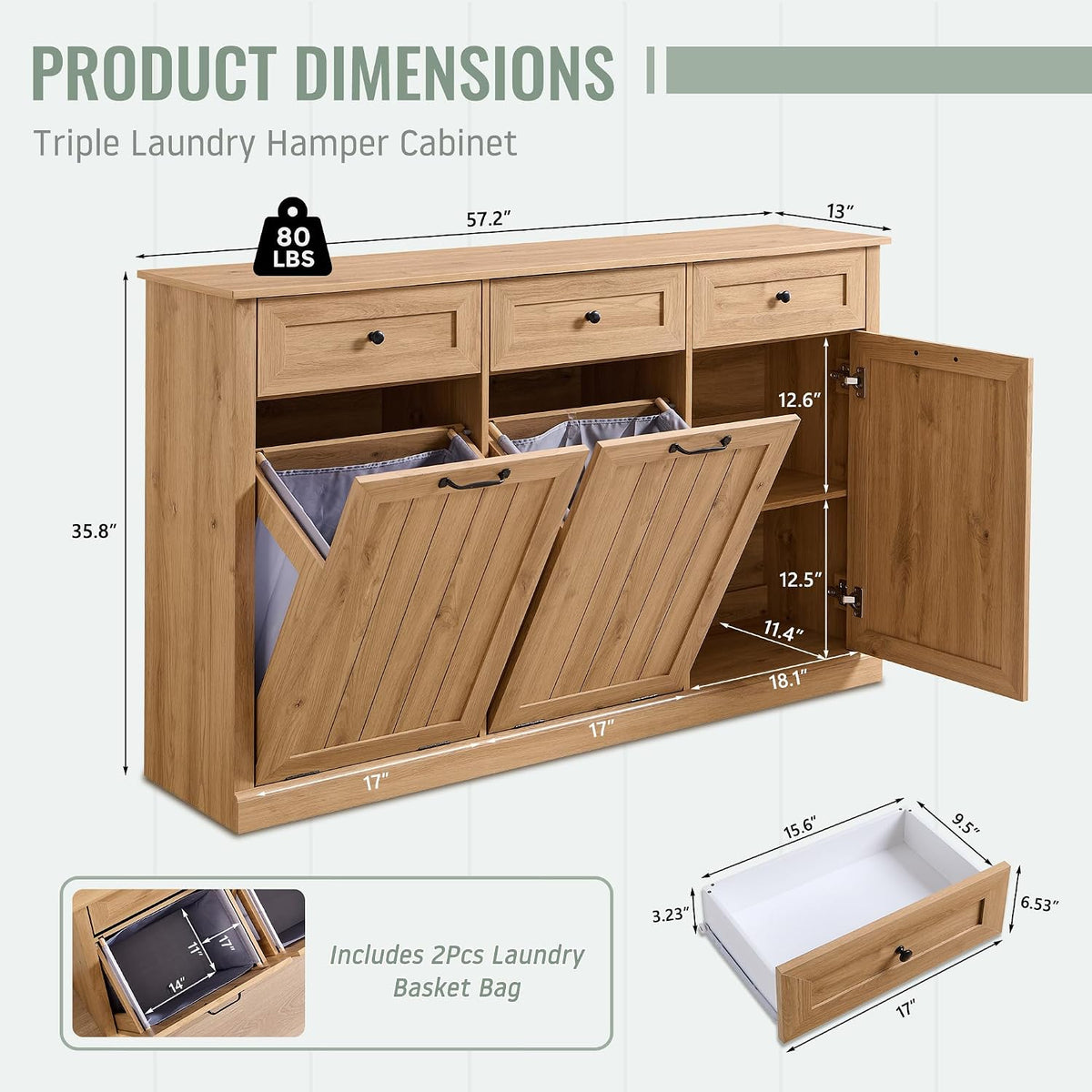 IFBUY Triple Tilt Out Laundry Hamper Cabinet, Trash Cabinet, Natural