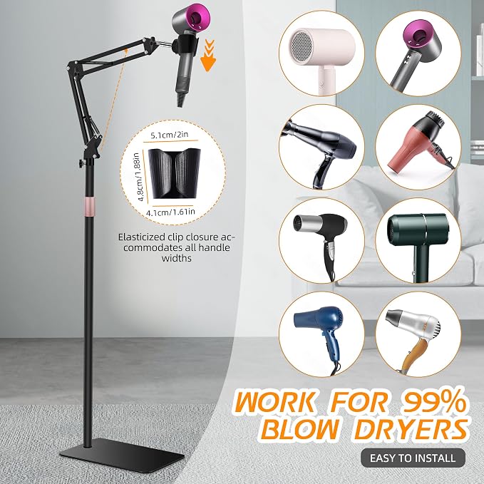 Hair Dryer Stand, 1.68M Height Adjustable, Hands Free Blow Dryer Holder - Image 5