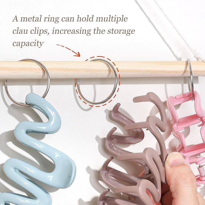 SNOWSTAR Macrame Hair Claw Clip Organizer with10 Metal Rings, Hanging Hair Clip - Image 3
