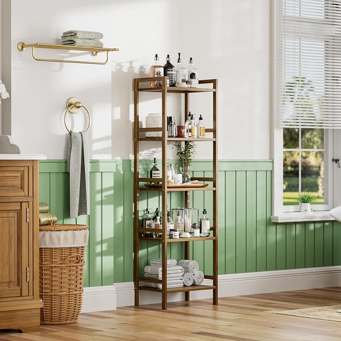 HITNET Bamboo Book Shelf, Tall Narrow Bookcase, Bathroom Shelving Unit 5 Tier - Image 8