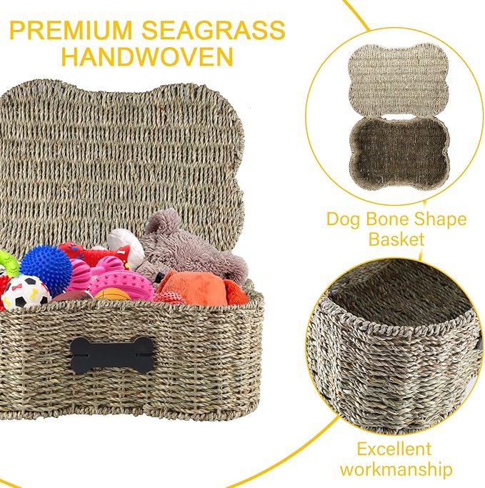 Seagrass Wicker Baskets for Dog Toys, Bone Shaped Dog Toy Bin - Image 2