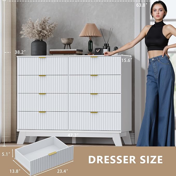 Fluted 8 Drawer Tall Dresser, 47.2" Wide Modern Boho Chest of Drawers, Wooden - Image 2