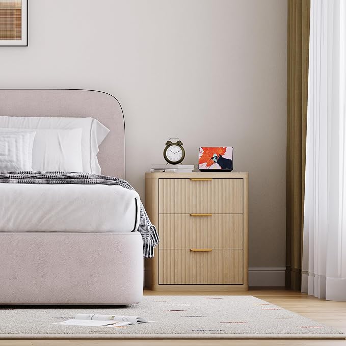 Fluted Nightstand with Charging Station, Bedside Table with 3 Drawers Storage - Image 8