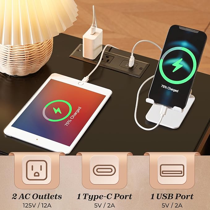 Huuger Nightstand with Charging Station, Bed Side Table - Image 3