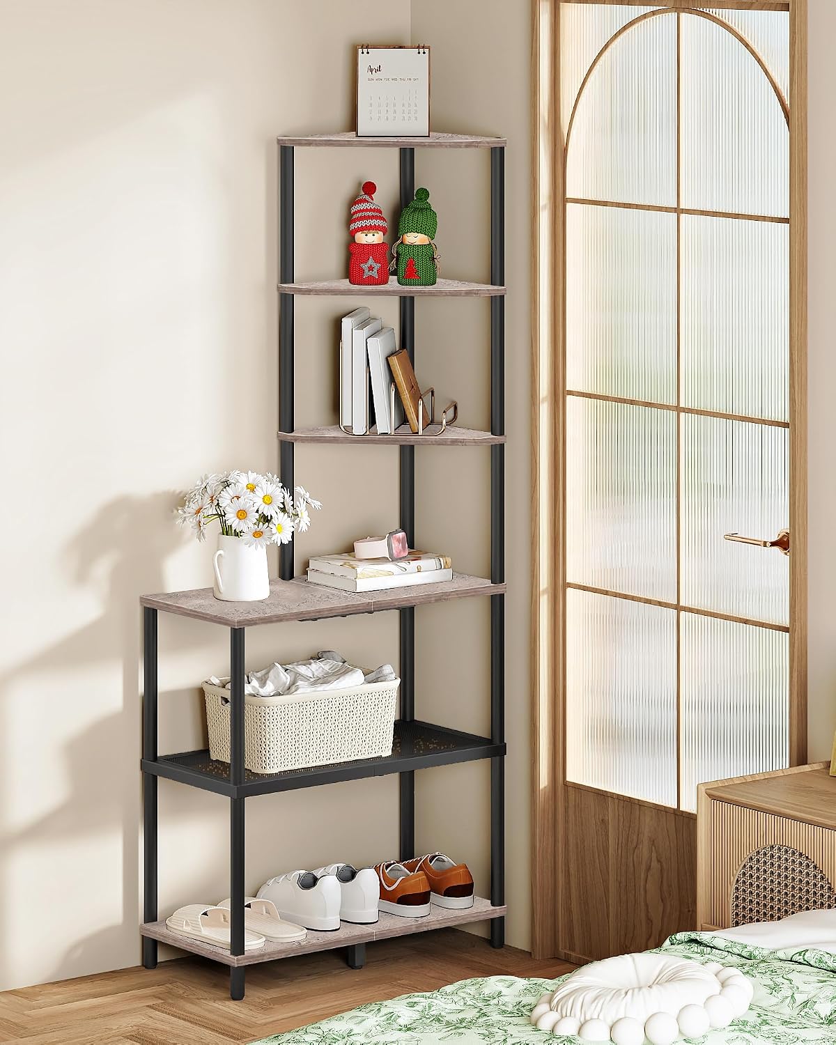 6-Tier Corner Shelf, Industrial Corner Bookshelf with Desk Top