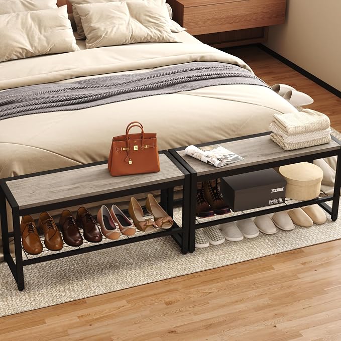 HOMEFORT 2 Tiers Shoe Bench, Retro Industrial Shoe Storage Bench - Image 4