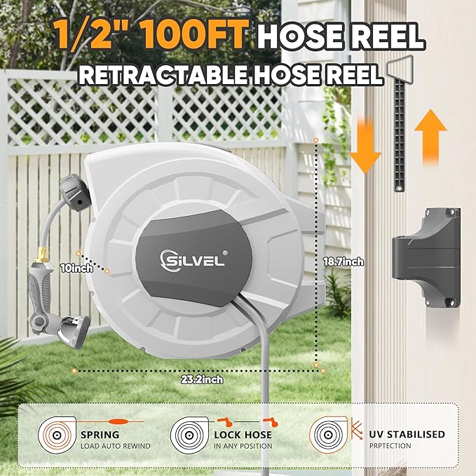 SILVEL Retractable Garden Hose Reel, 1/2 in x 100ft Wall Mount Heavy Duty - Image 5