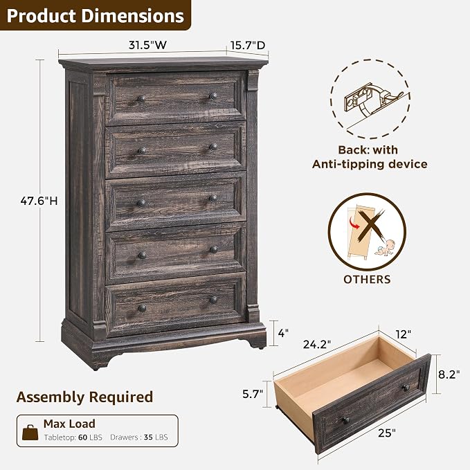 T4TREAM Farmhouse 5 Drawer Dresser - Image 2