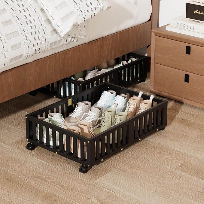 Bamboo Under Bed Storage with Wheels, Rolling Underbed Shoe Organizer Box by Bambooflow