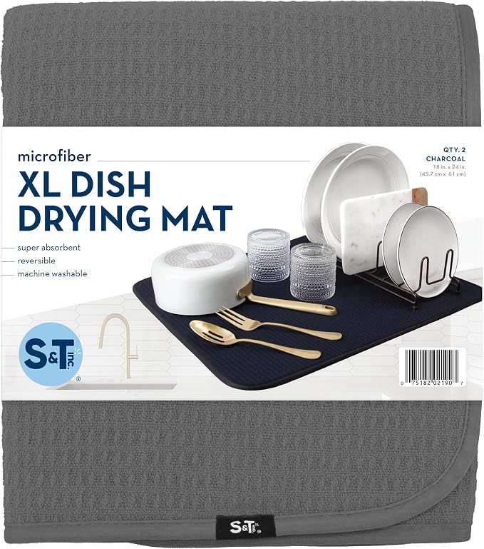 S&T INC. Dish Drying Mat XL 2 Pack, 18” x 24”, Absorbent Microfiber Kitchen - Image 8