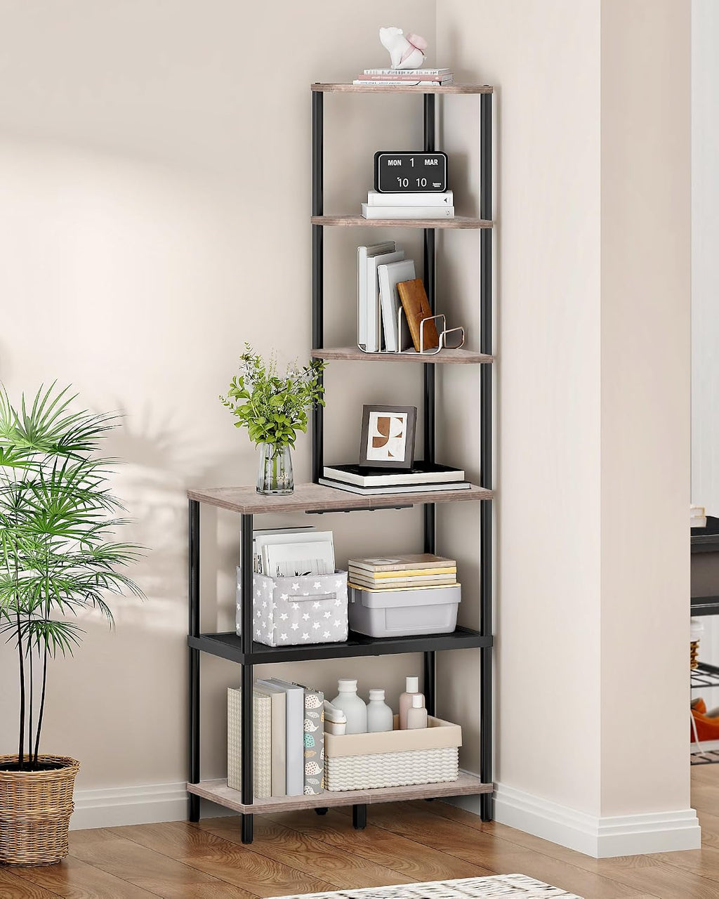 6-Tier Corner Shelf, Industrial Corner Bookshelf with Desk Top
