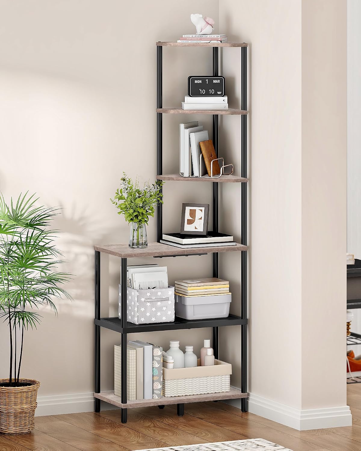 6-Tier Corner Shelf, Industrial Corner Bookshelf with Desk Top