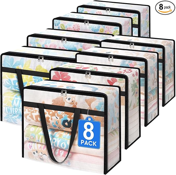 BlissTotes 8 Pack Clear Clothes Storage Bags, Moving Bags, Foldable Blanket by BlissTotes