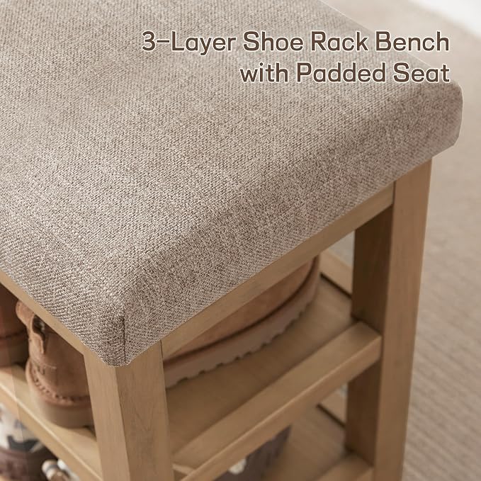 Shoe Rack Bench with Cushion, 2 Tier Solid Wood Storage Bench, Mid-Century - Image 7